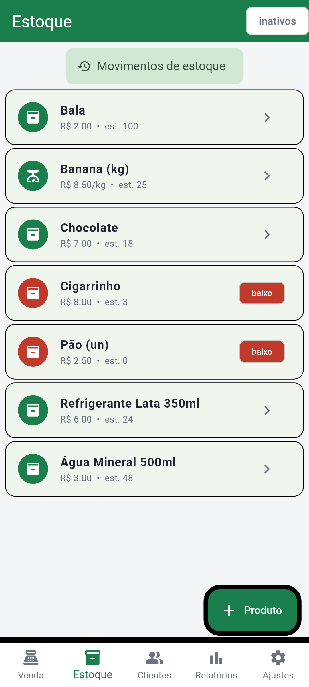 Tela de estoque do RuaVend