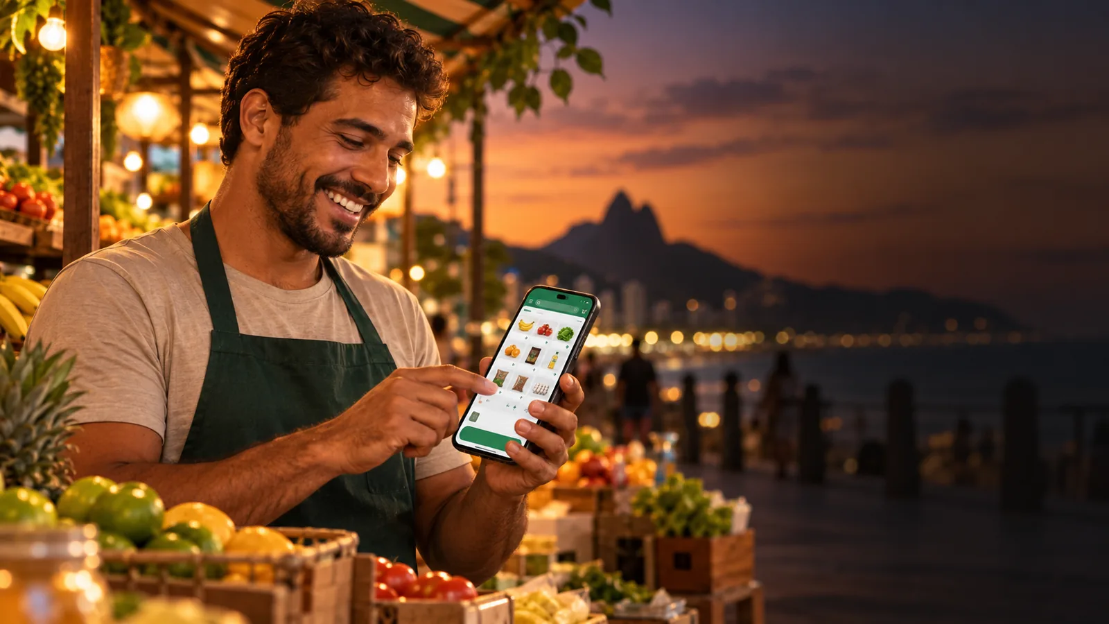 Comerciante usando o RuaVend no celular na rua